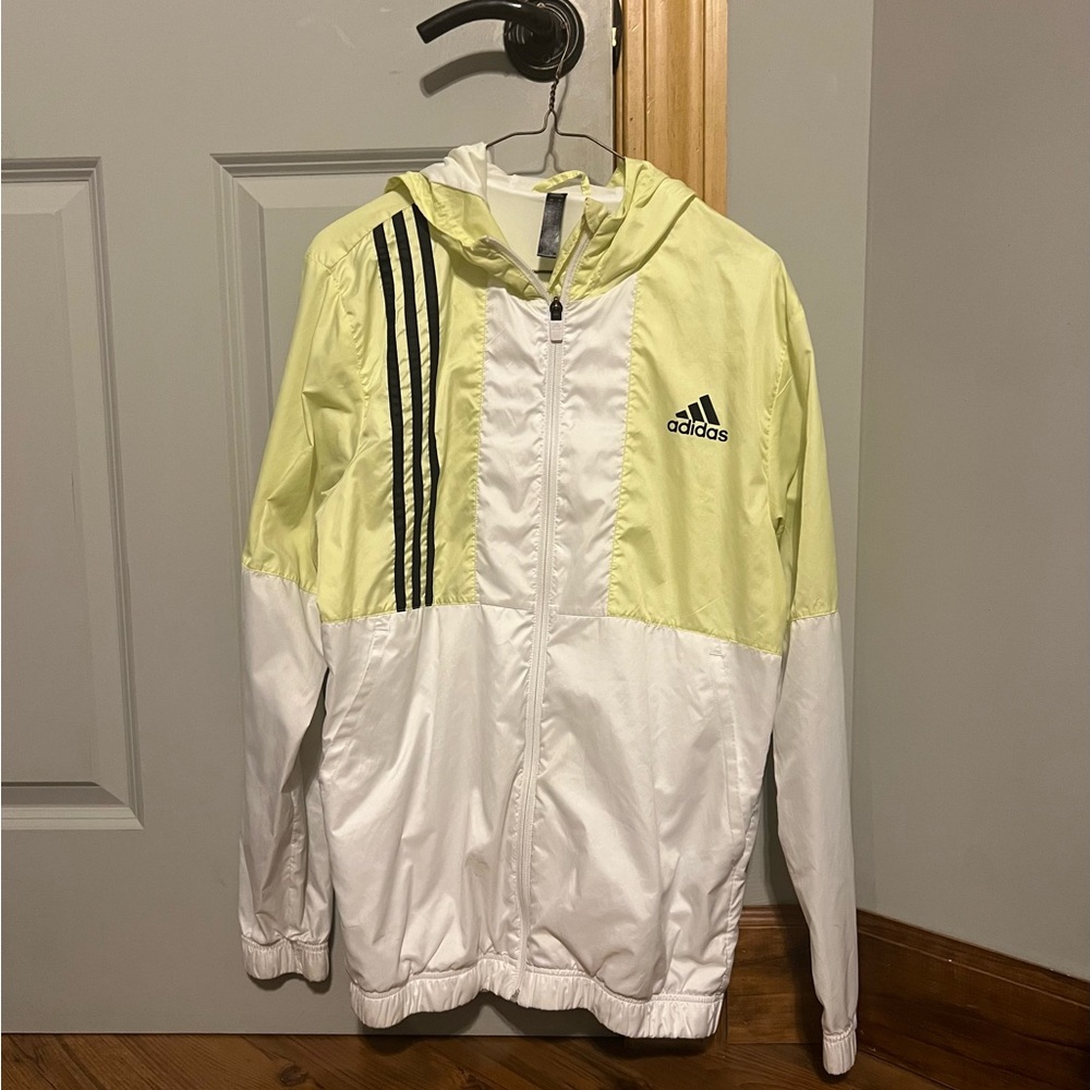 Adidas Men's White and Yellow Hooded Jacket